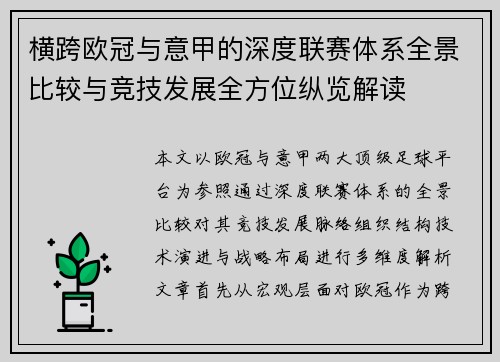 横跨欧冠与意甲的深度联赛体系全景比较与竞技发展全方位纵览解读