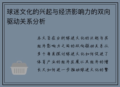 球迷文化的兴起与经济影响力的双向驱动关系分析