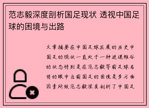 范志毅深度剖析国足现状 透视中国足球的困境与出路