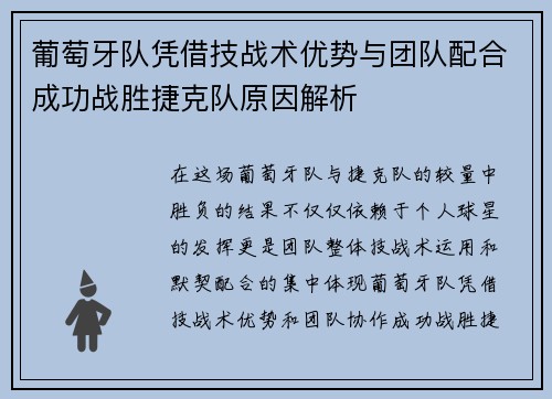 葡萄牙队凭借技战术优势与团队配合成功战胜捷克队原因解析